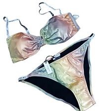 Women's Shiny Metallic Crumpled Wrinkle Bikini Bra Top with Briefs